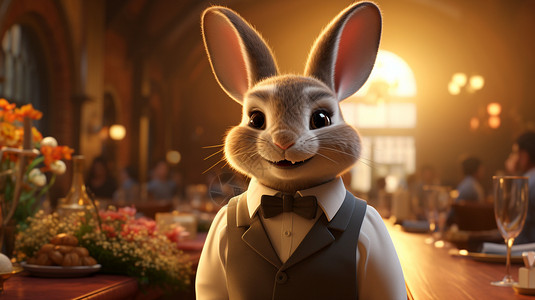 3D卡通风格的兔八哥服务员高清图片