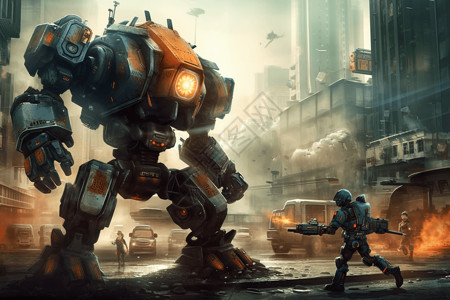 城市的机器人作战背景图片