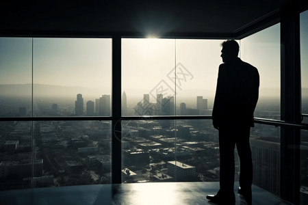 摩天大楼中仰望城市的商务人士背景图片