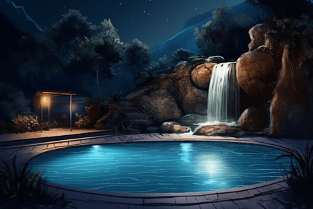 瀑布温泉游泳池的真实夜景插画