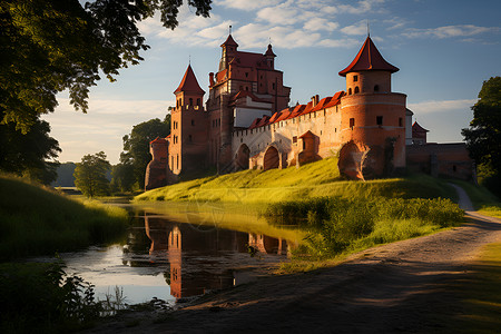古老的湖畔城堡建筑背景图片