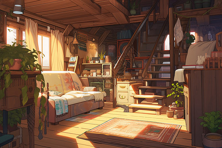 木质楼梯田园风光温馨的房间插画