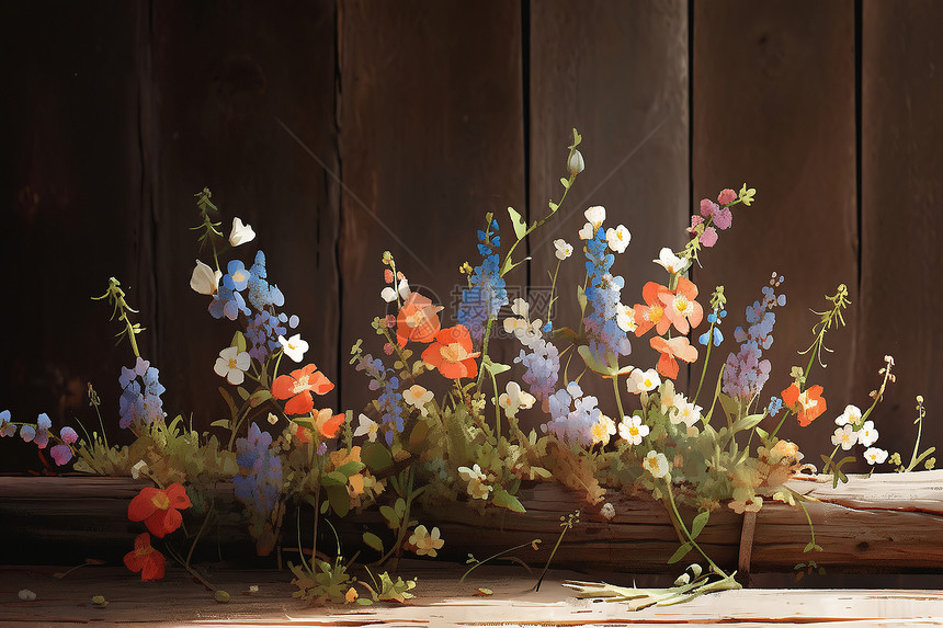 花朵与木板背景图片