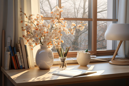 窗前书房的花瓶背景图片