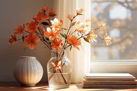 窗台上的鲜花和书堆背景图片
