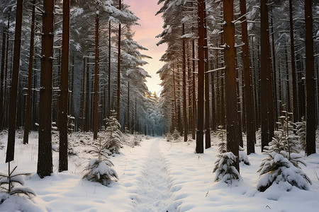 森林中的雪地路背景图片