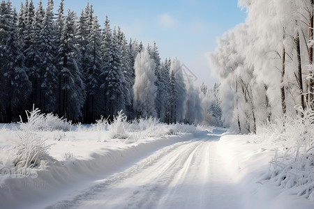 白雪覆盖的林间小路背景图片