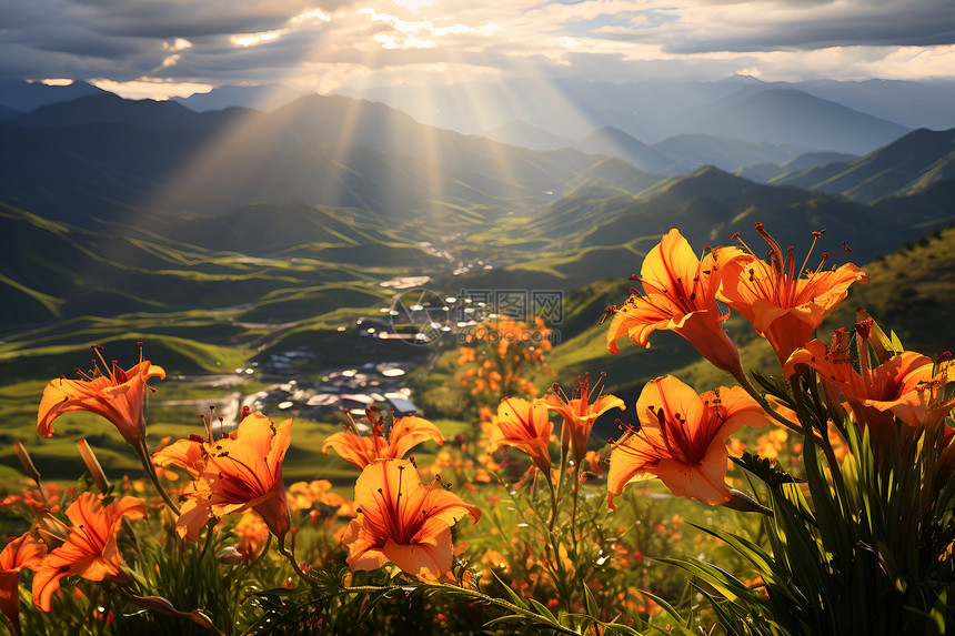 夏日阳光洒满山间花海图片