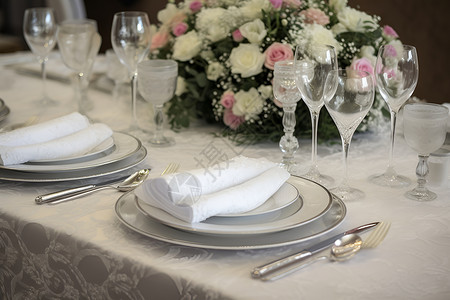 宴会上的餐具和花束背景图片