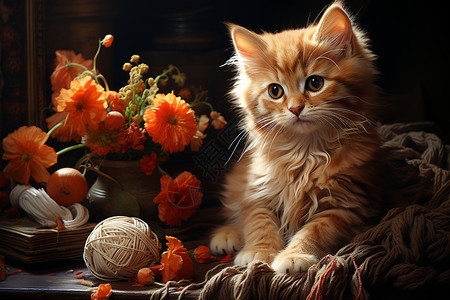 花瓶旁的小猫背景图片