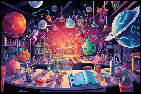 天体运动五彩缤纷的科学实验室插画