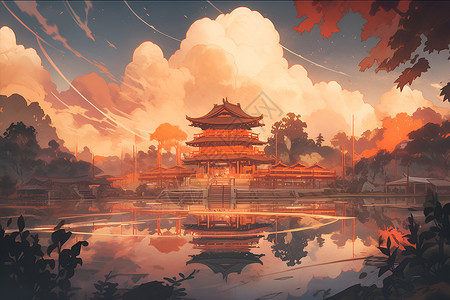 中国风幻境湖畔的山水画背景图片