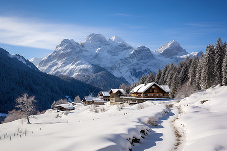 美丽飘雪冬日飘雪山谷景观背景