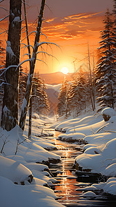 森林日出日出冬季丛林的美丽景观插画