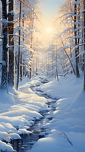 森林覆盖的冬季白雪覆盖的丛林景观插画