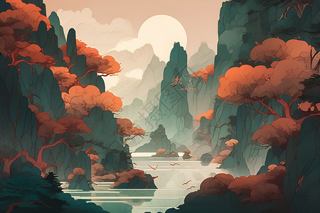 夕阳染山川河畔的艺术插图背景图片