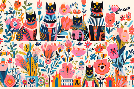 活泼多彩的猫咪花卉插画背景图片