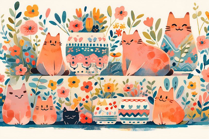 猫咪和花朵的美丽插画图片