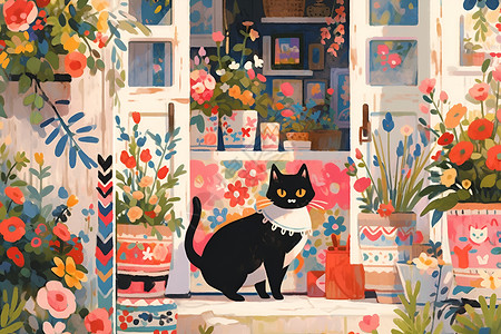 花店前台阶上一只可爱的猫咪背景图片