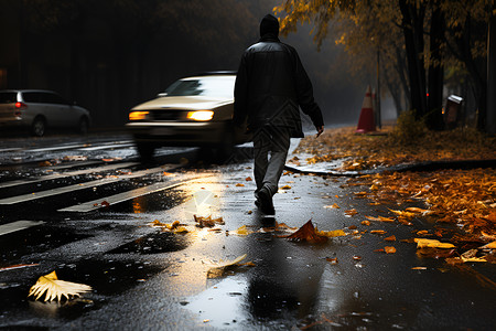 冷雨夜中街道上的男子背景图片