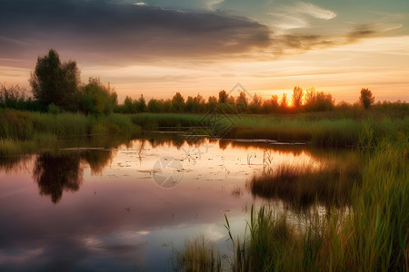 夕阳映照湖面和水草背景图片
