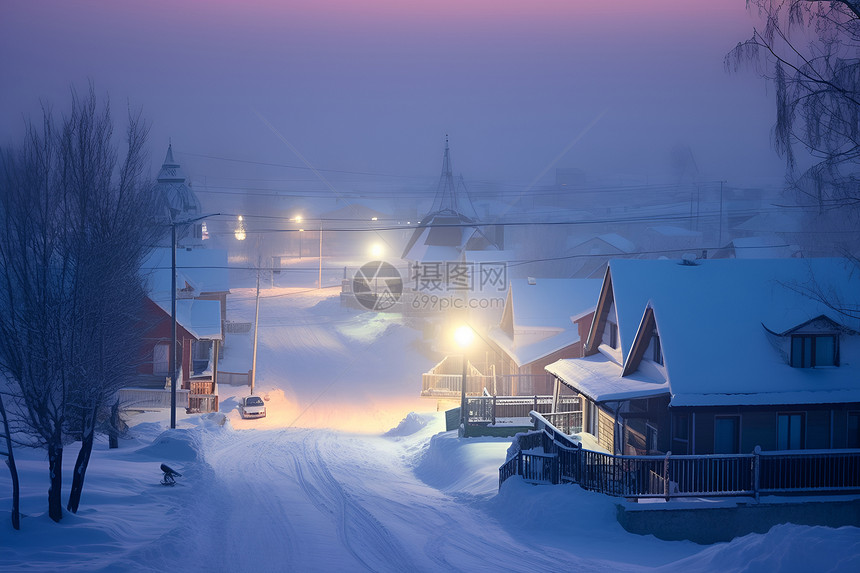 冬夜白雪皑皑的村落图片