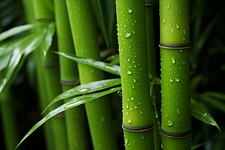 翠绿的竹子右侧生长竹叶高清图片
