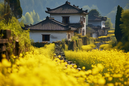 农业建筑乡村风光黄色的油菜背景