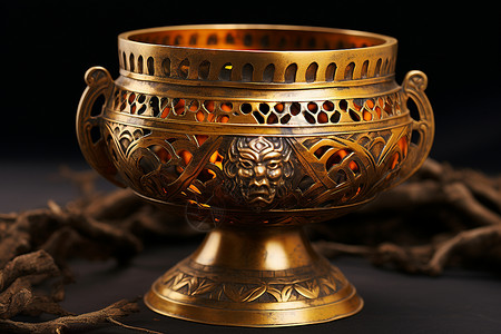 青铜纹饰金碗与骷髅雕刻背景