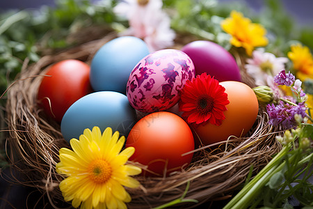 复活节彩蛋与鲜花背景图片