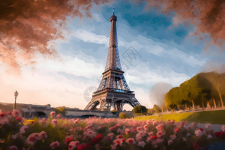 巴黎风景巴黎艾菲尔铁塔插画