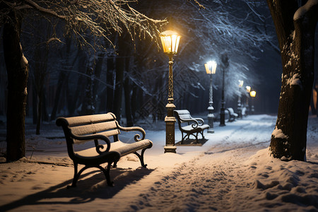 寒夜的雪夜雪夜公园之美背景