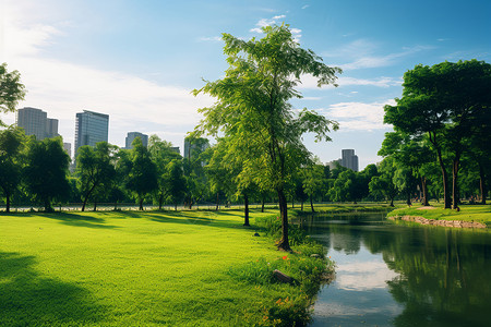 湖畔城市中央公园边的湖畔和草地背景