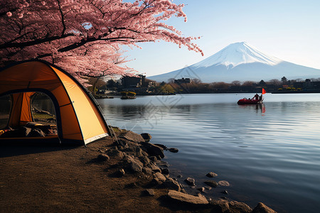 湖边搭建的帐篷和美景背景图片