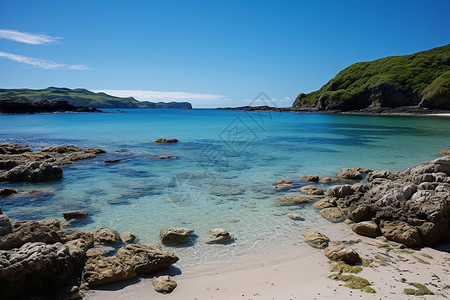 大海蓝天岩石沙滩背景图片