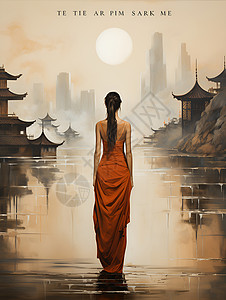 梦幻山水画中的女子背景图片