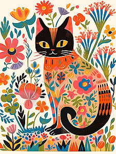 色彩绚丽的猫咪插图背景图片