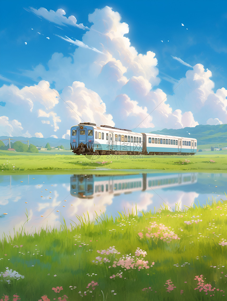 手绘艺术的山谷列车插图图片