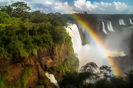 神奇丛林瀑布下的彩虹背景图片