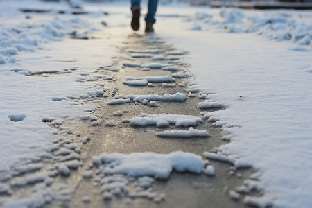 冬日雪地小径上的足迹高清图片