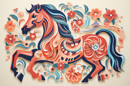彩纸剪纸马与鲜花背景图片