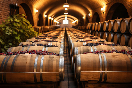 橡木桶酒窖地下室的葡萄酒背景