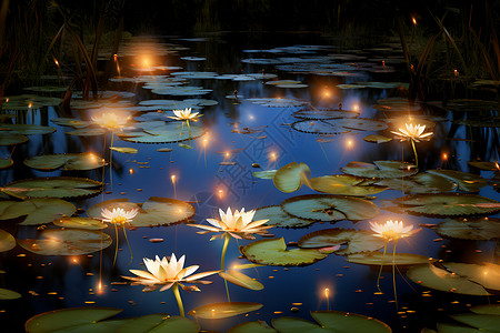 夜晚水池中的睡莲背景图片