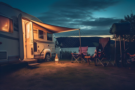 夏季湖畔露营的房车背景图片