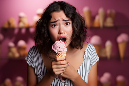 在嘛冰淇淋表情甜食治愈悲伤情绪的女子背景