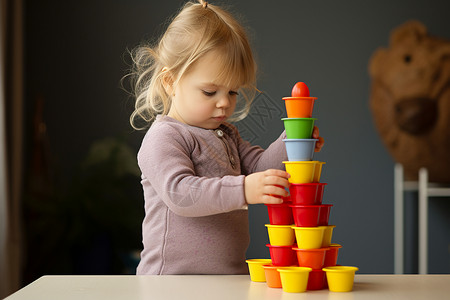 聪明的宝宝聪明的小女孩玩塔杯游戏背景