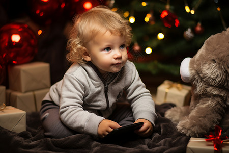 圣诞树旁的小女孩和礼物背景图片