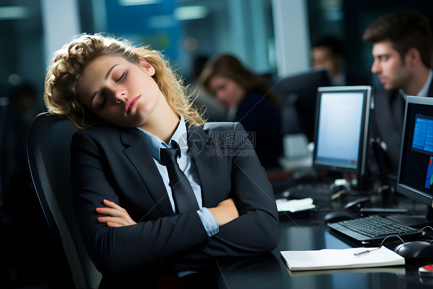 公司中疲惫睡觉的女子图片