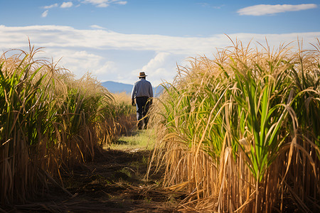 农田中的甘蔗和农民背景图片
