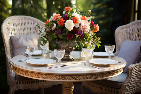 桌子上的花束和餐具背景图片